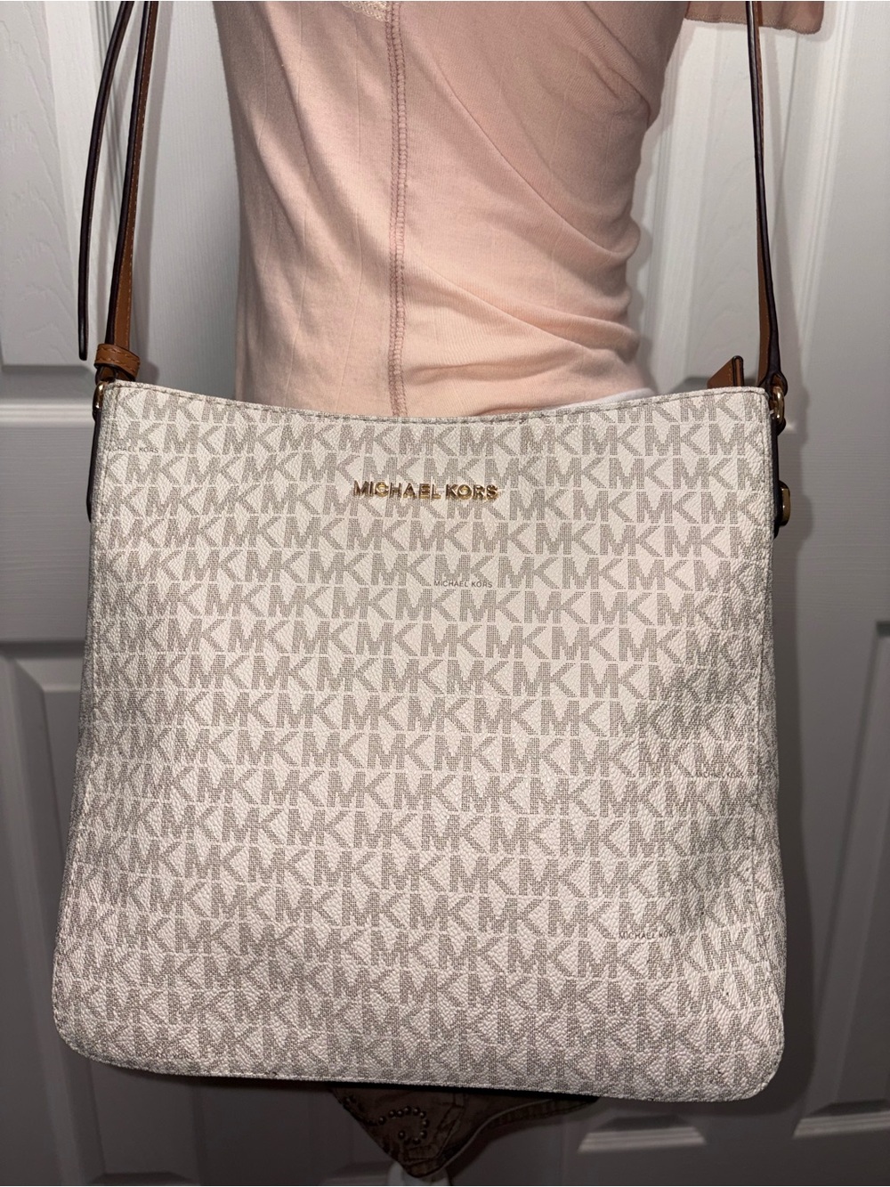 Michael Kors Cream MK Signature Crossbody with Brown Strap